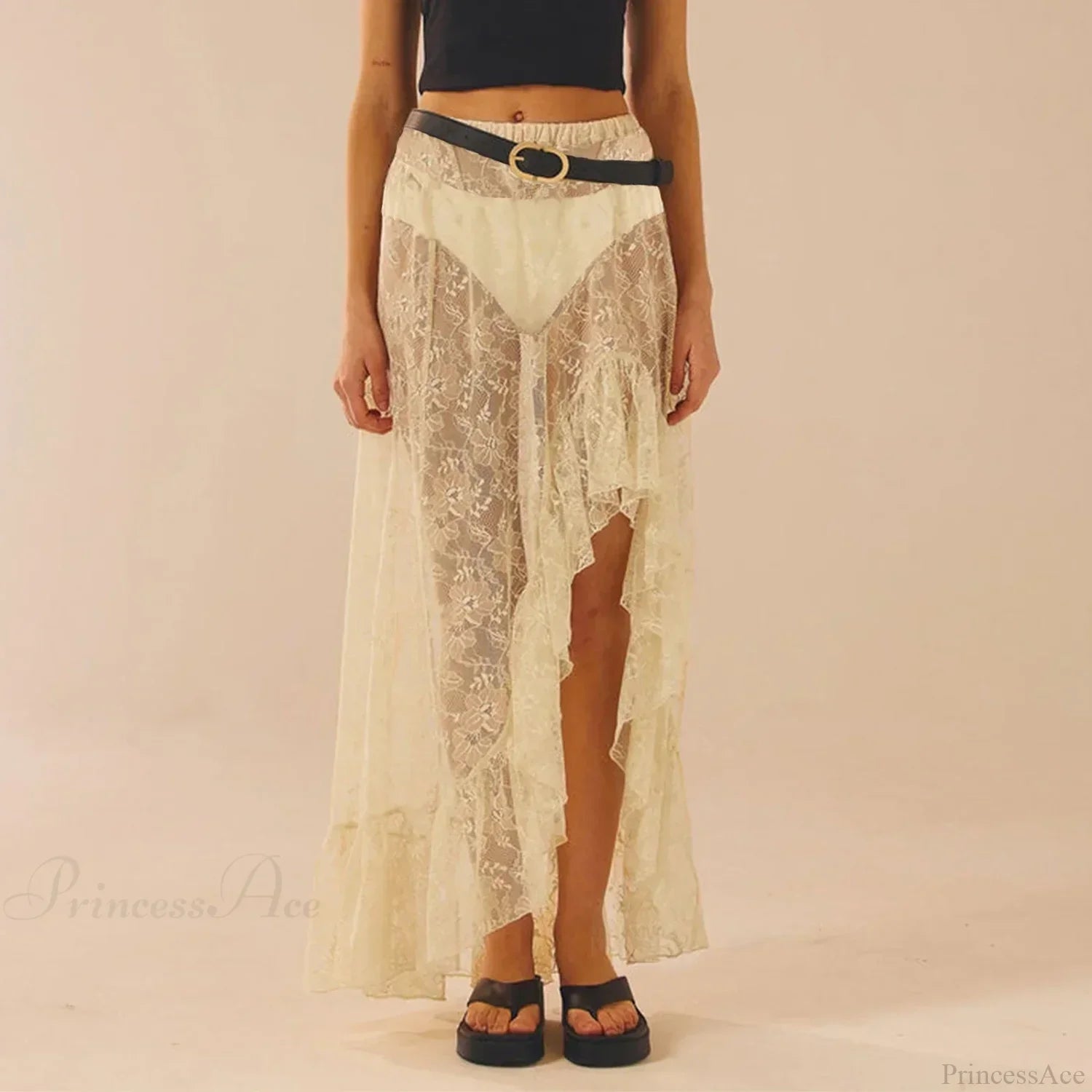 See Through Elastic High Waist Ruffle Asymmetrical Lace Skirt image 3
