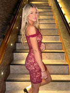 See-Through Lace Floral Off-Shoulder Bodycon Mini Floral Dress image 2