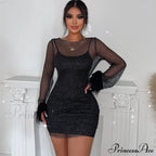 See Through Mesh Autumn Black Long O-Neck Sexy Club Partywear Fashion Bodycon Dress image 2