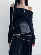 See-Through Printed Slash Neck Long Sleeve Knit Top image 3