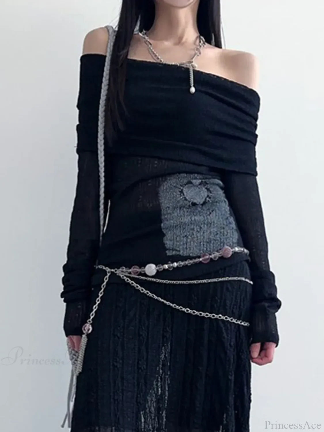 See-Through Printed Slash Neck Long Sleeve Knit Top image 3