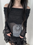 See-Through Printed Slash Neck Long Sleeve Knit Top image 4