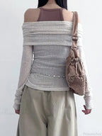 See-Through Printed Slash Neck Long Sleeve Knit Top image 2