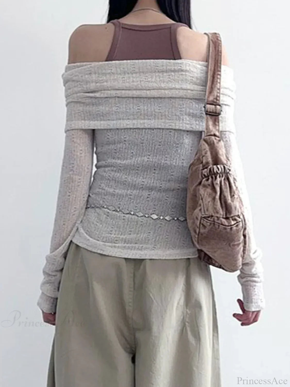 See-Through Printed Slash Neck Long Sleeve Knit Top image 2
