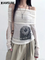 See-Through Printed Slash Neck Long Sleeve Knit Top image 1