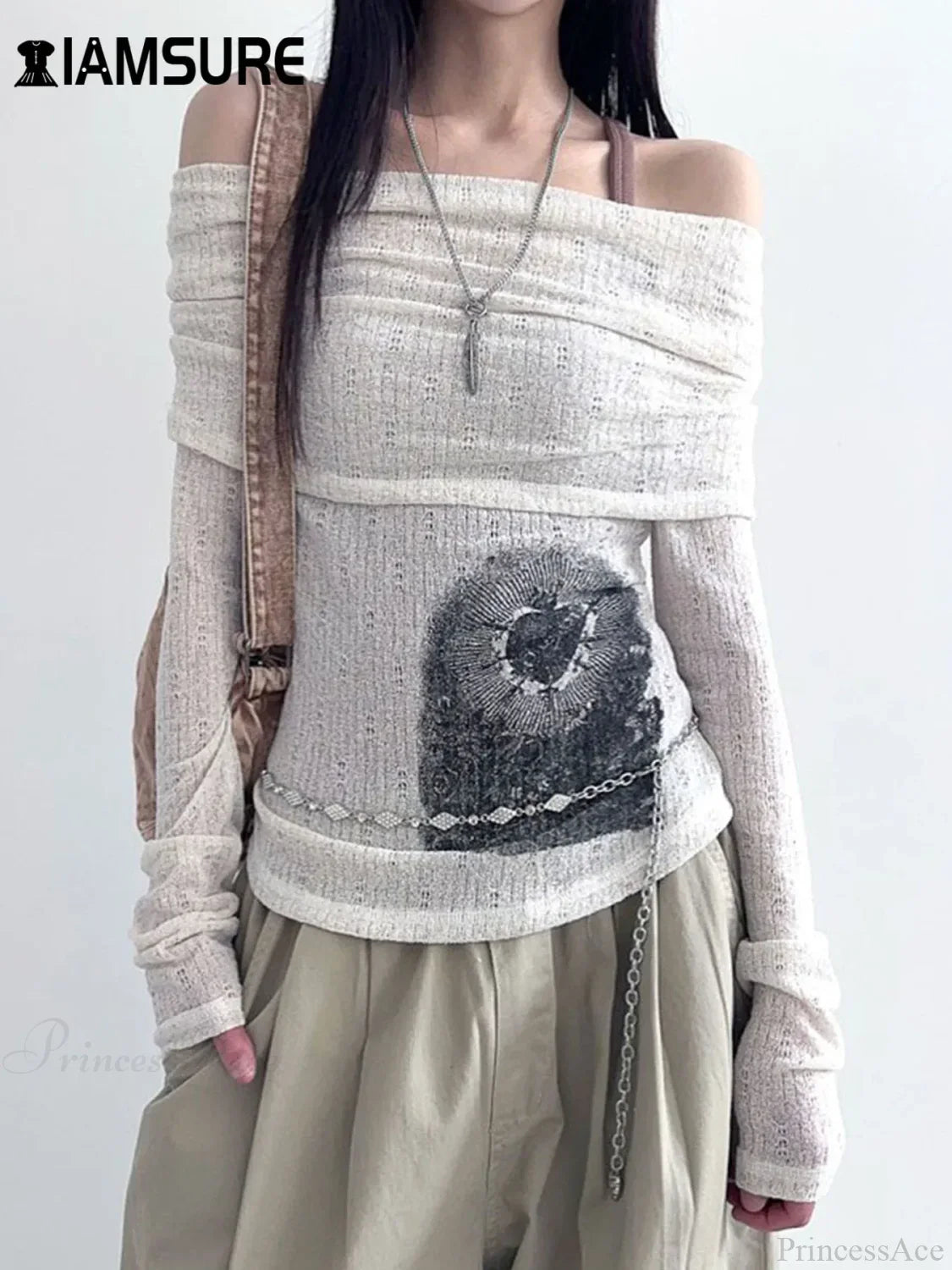 See-Through Printed Slash Neck Long Sleeve Knit Top image 1