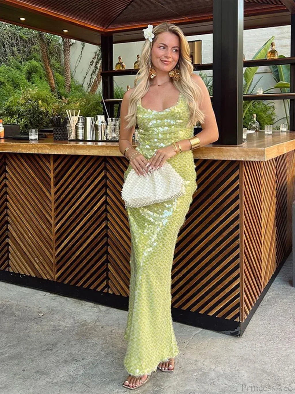 Sequin Backless Lace-Up Square Collar Maxi Dress image 1