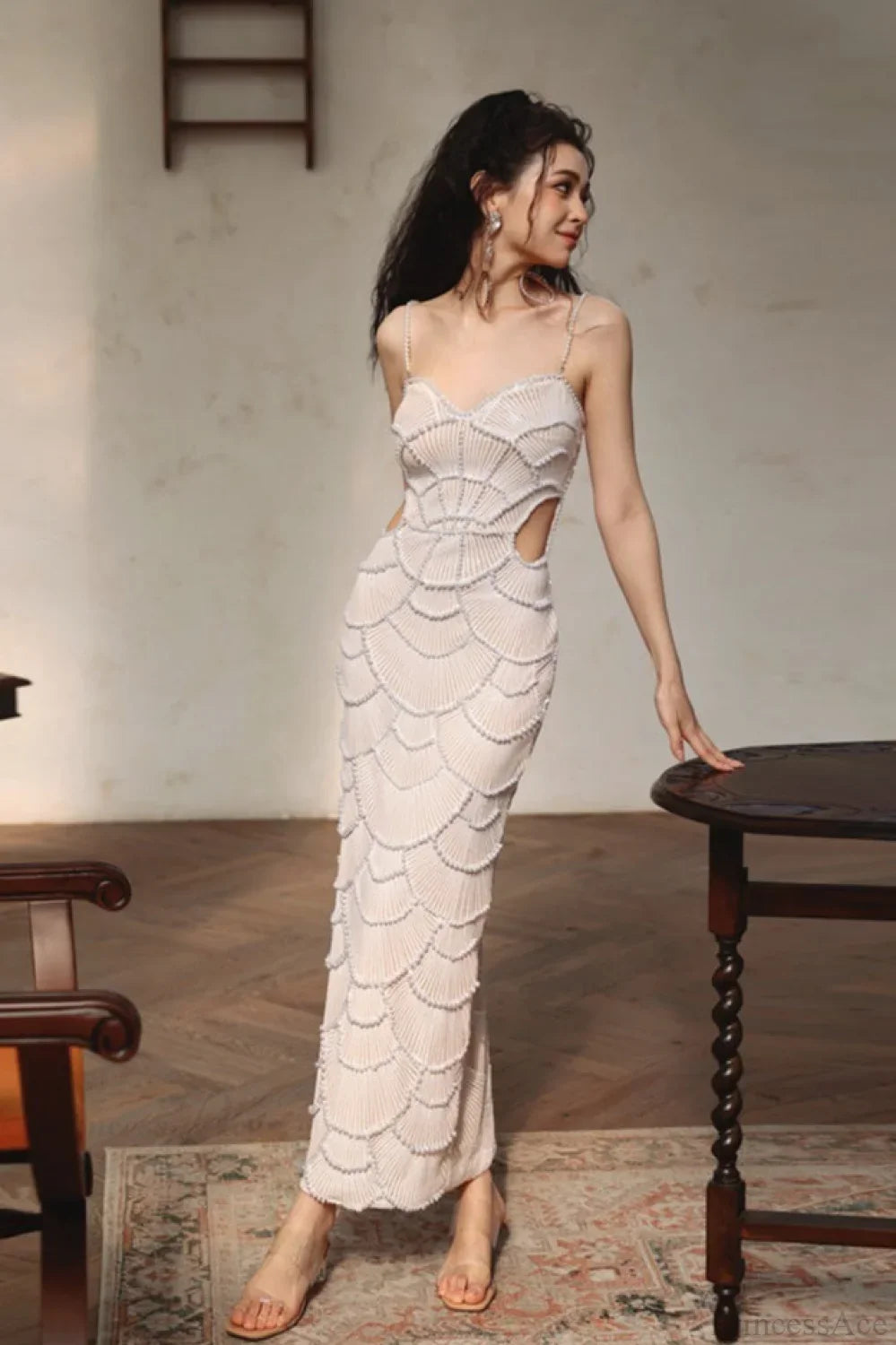 Sequin Beaded Cutout Waist Spaghetti Strap Evening Dress image 1