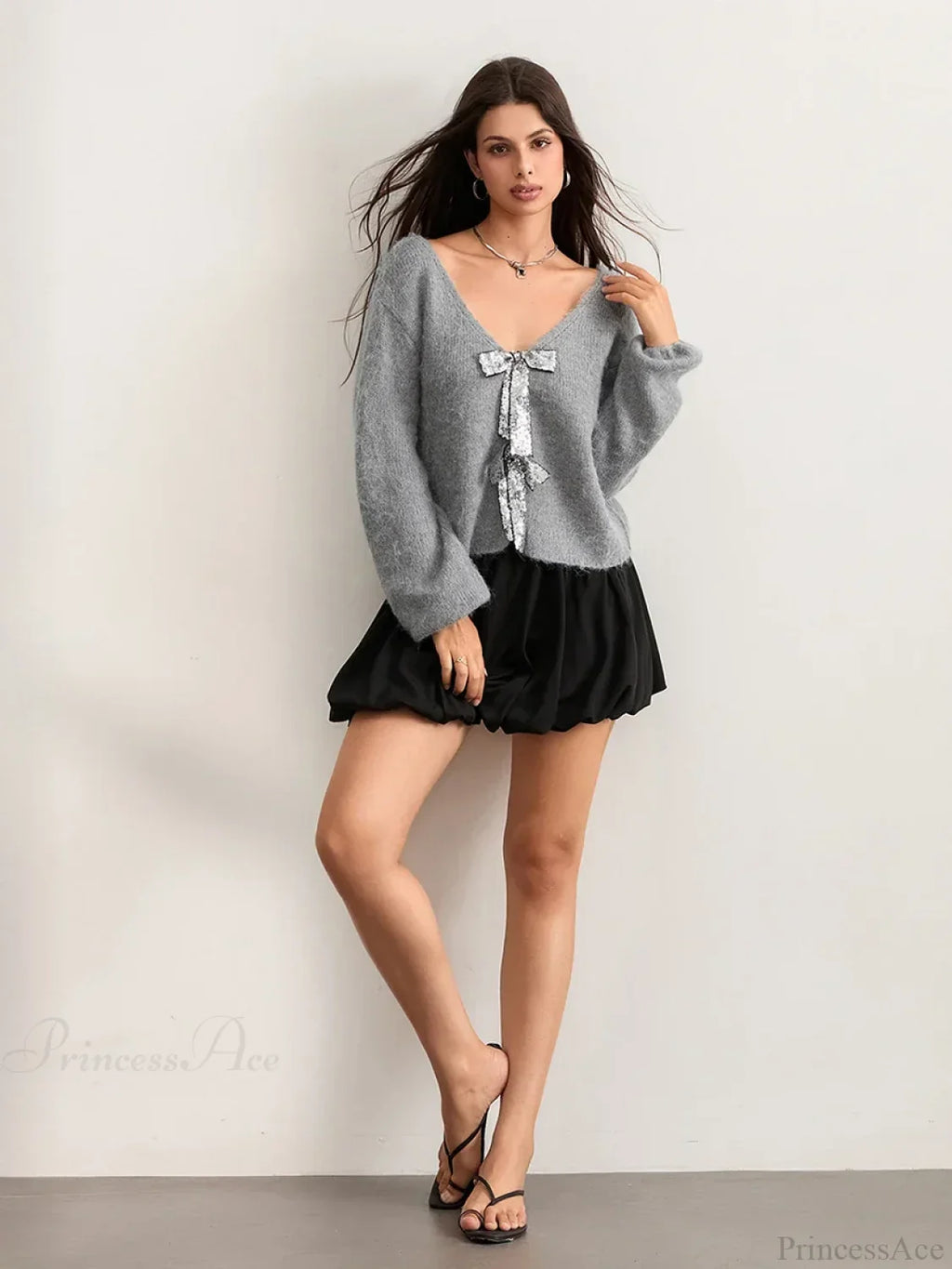 Sequin Bow Front Tie Loose V-neck Cardigan image 6