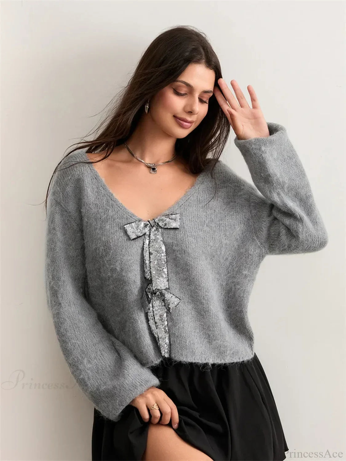 Sequin Bow Front Tie Loose V-neck Cardigan image 5