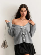 Sequin Bow Front Tie Loose V-neck Cardigan image 3