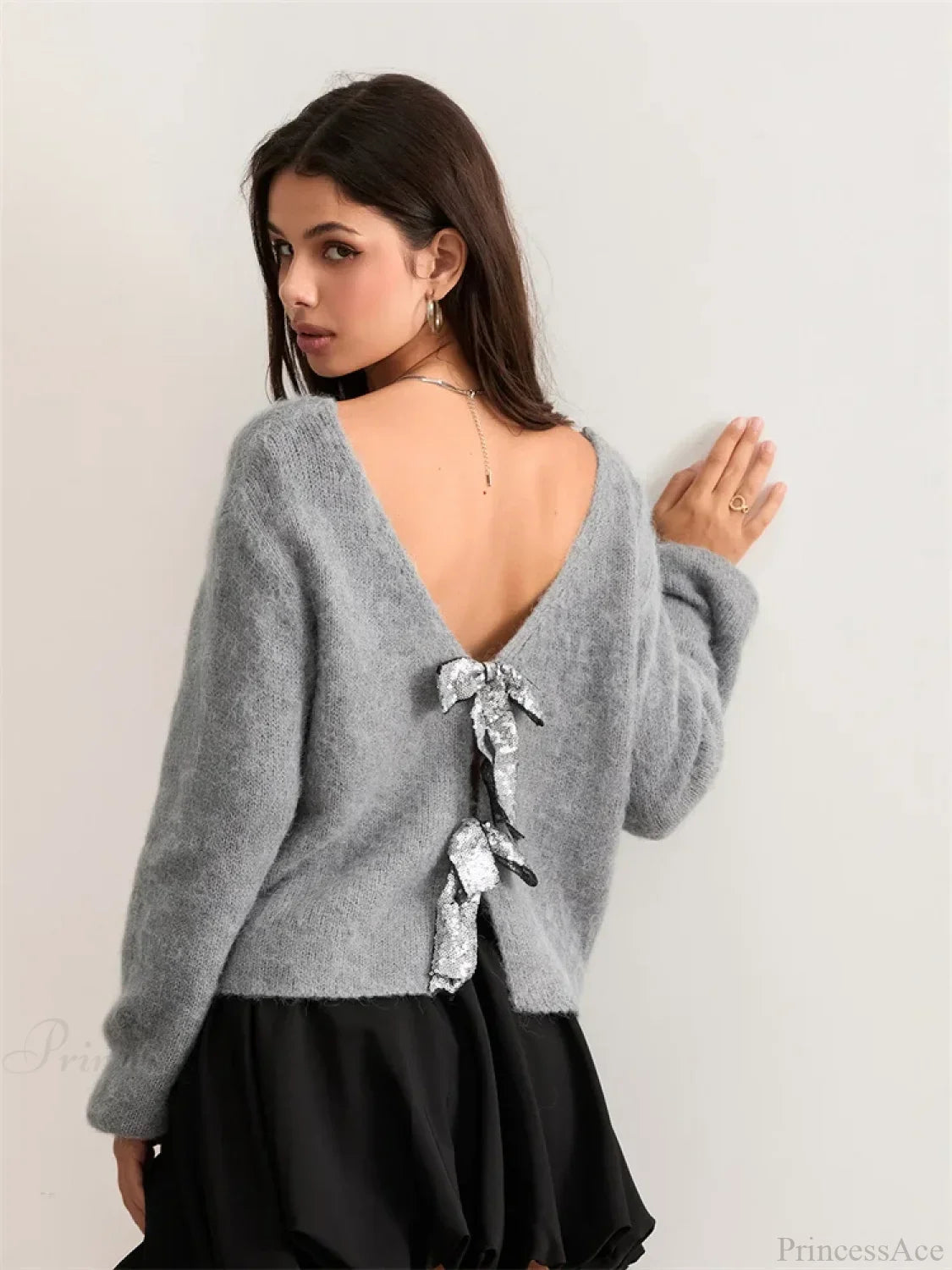 Sequin Bow Front Tie Loose V-neck Cardigan image 4