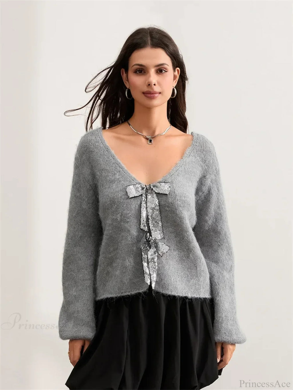 Sequin Bow Front Tie Loose V-neck Cardigan image 2