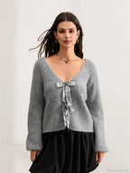 Sequin Bow Front Tie Loose V-neck Cardigan image 2