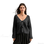 Sequin Bow Front Tie Loose V-neck Cardigan image 7
