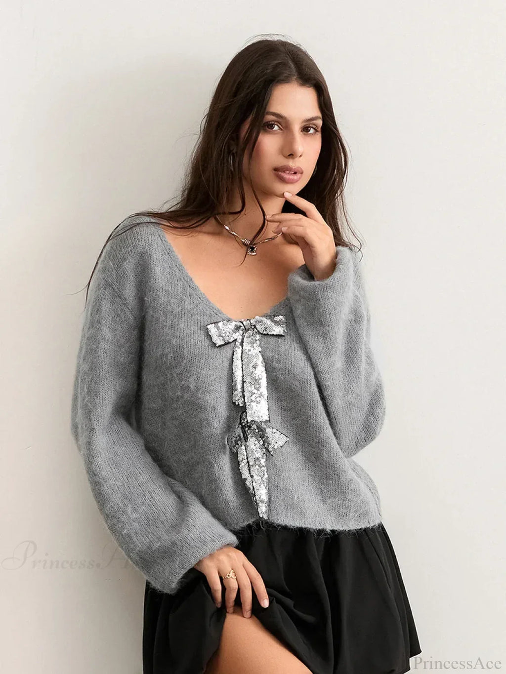 Sequin Bow Front Tie Loose V-neck Cardigan image 1