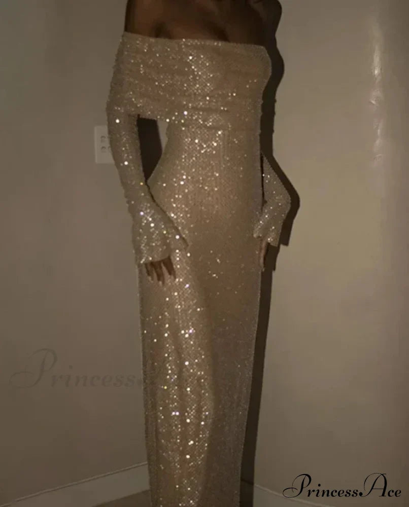 Sequin Long Sleeve Charming Off-Shoulder Maxi Dress image 2
