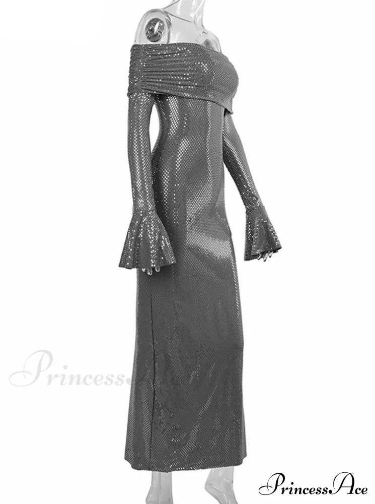 Sequin Long Sleeve Charming Off-Shoulder Maxi Dress image 9