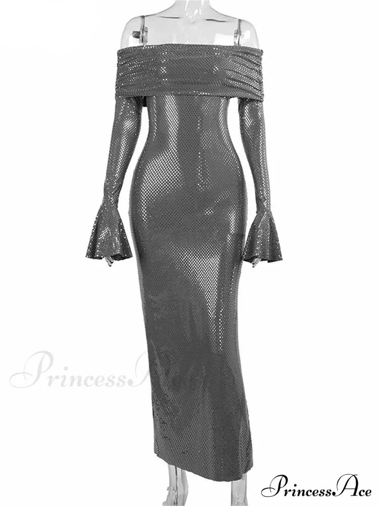 Sequin Long Sleeve Charming Off-Shoulder Maxi Dress image 6