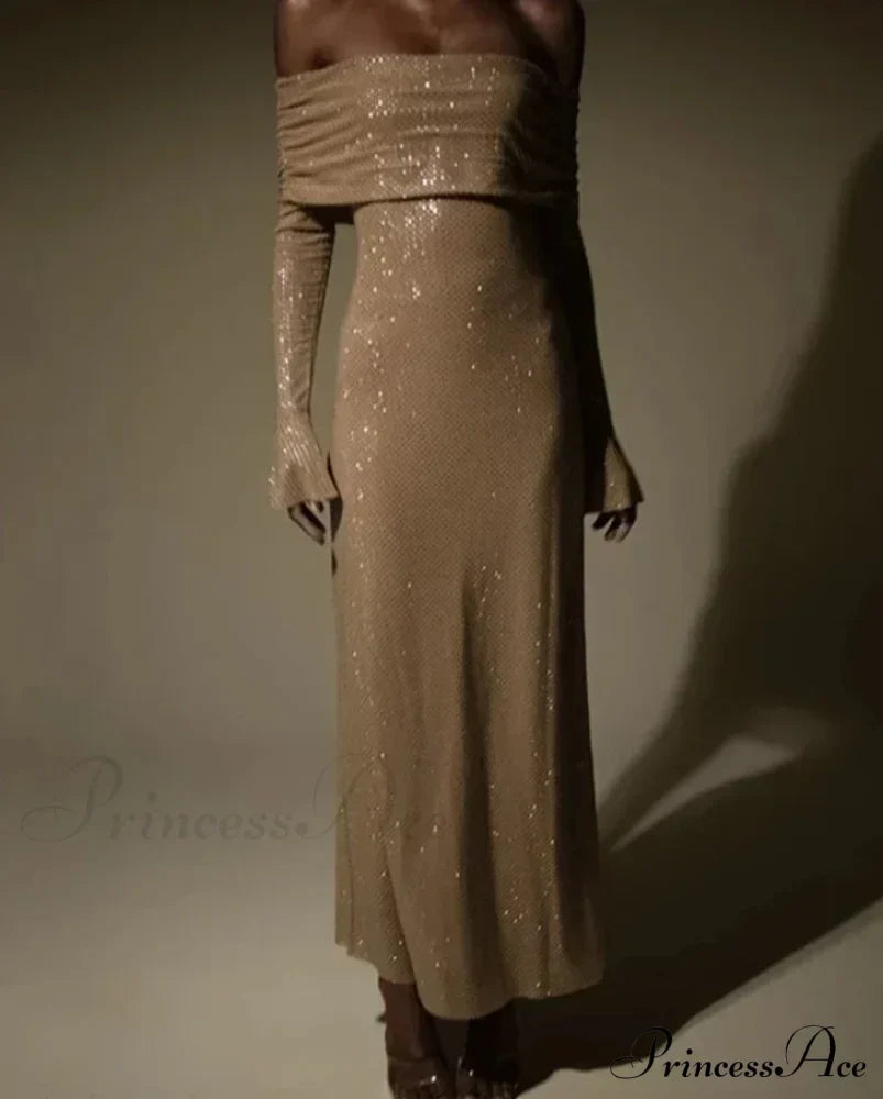 Sequin Long Sleeve Charming Off-Shoulder Maxi Dress image 4