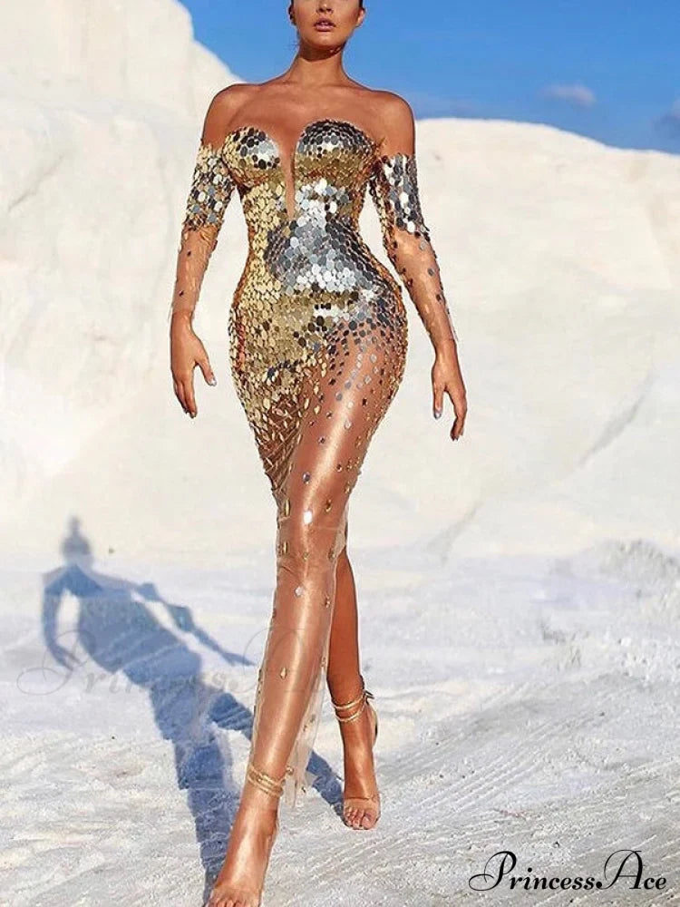 Sequin Mesh Off Shoulder Bodycon Maxi Party Dress image 2