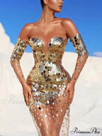 Sequin Mesh Off Shoulder Bodycon Maxi Party Dress image 1
