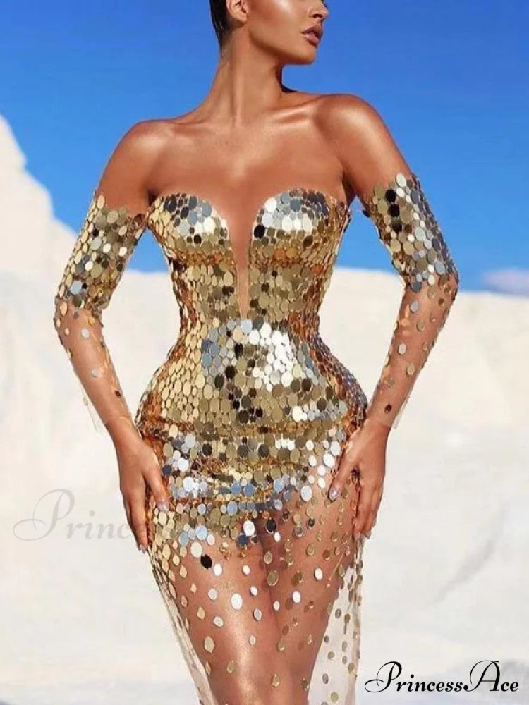 Sequin Mesh Off Shoulder Bodycon Maxi Party Dress image 1