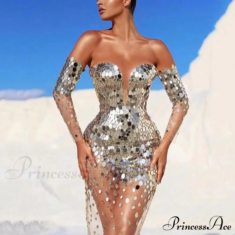 Sequin Mesh Off Shoulder Bodycon Maxi Party Dress image 5