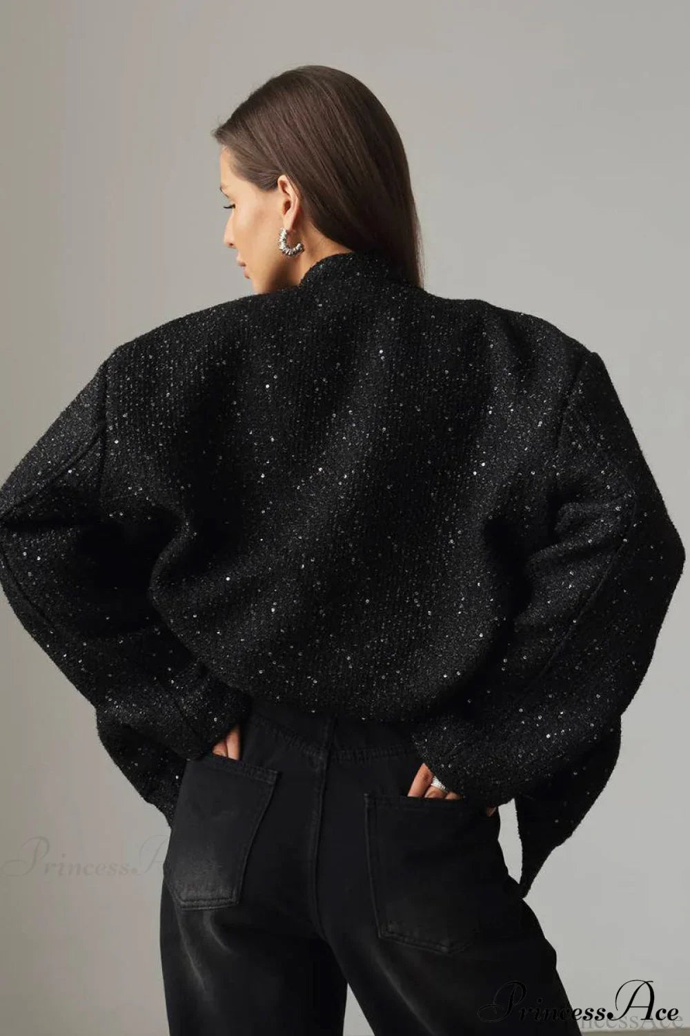 Sequin Metallic Stand Collar Loose Fashion Coat image 9
