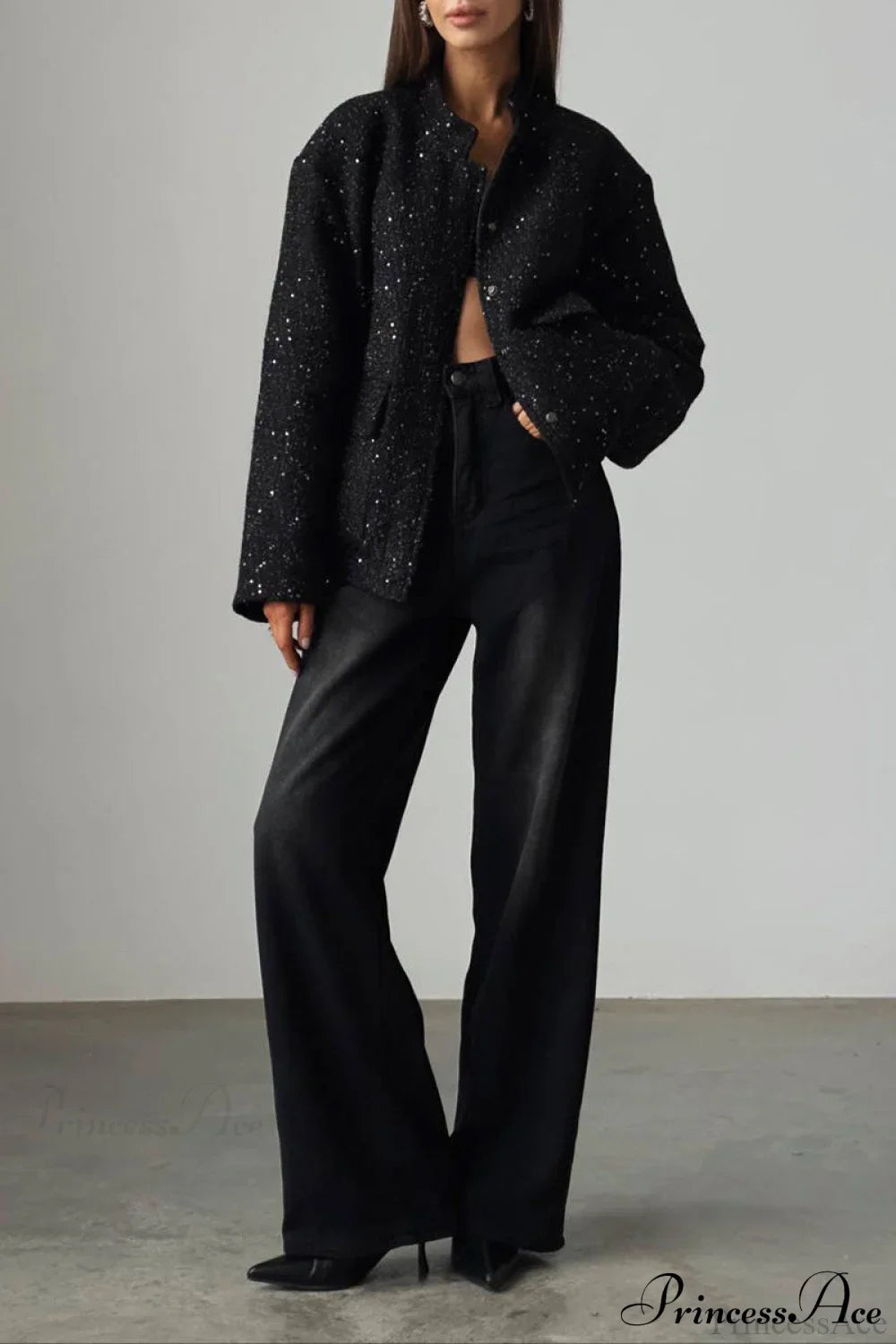 Sequin Metallic Stand Collar Loose Fashion Coat image 8