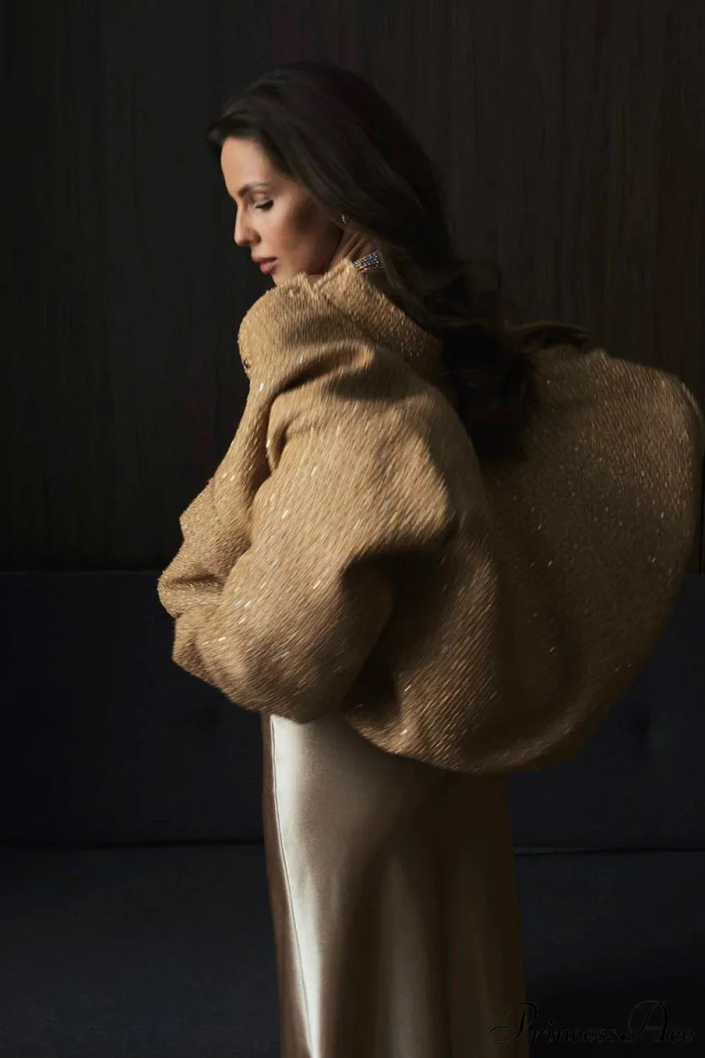 Sequin Metallic Stand Collar Loose Fashion Coat image 3