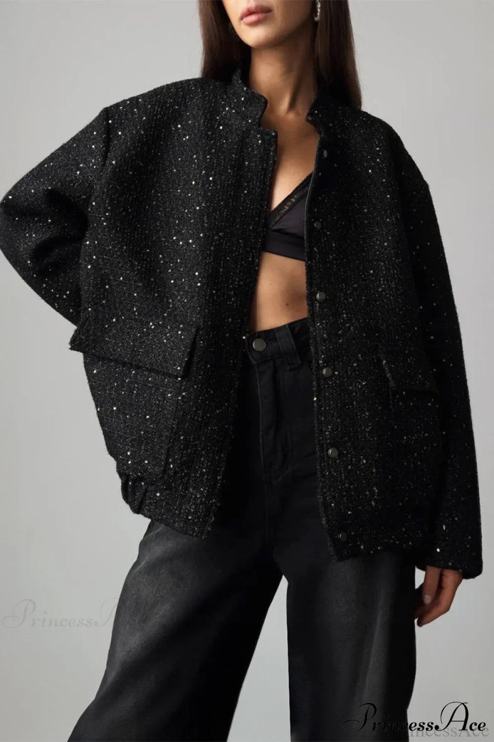 Sequin Metallic Stand Collar Loose Fashion Coat image 6