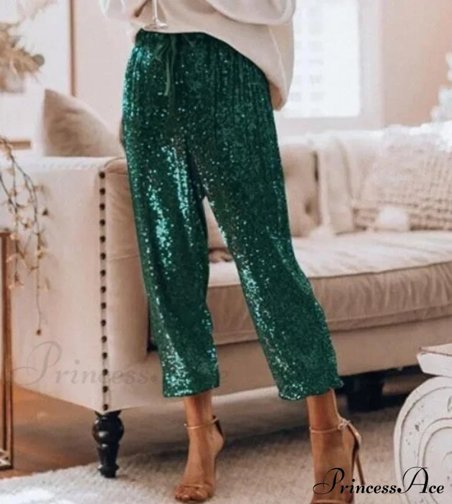 Sequin Shiny Wide Beam Leg Pants image 3