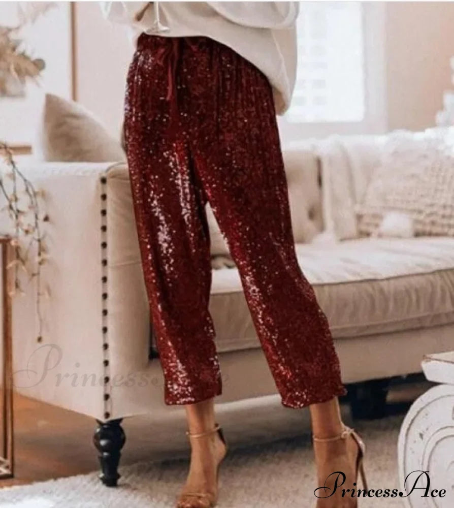 Sequin Shiny Wide Beam Leg Pants image 2