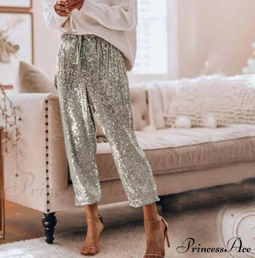 Sequin Shiny Wide Beam Leg Pants image 5