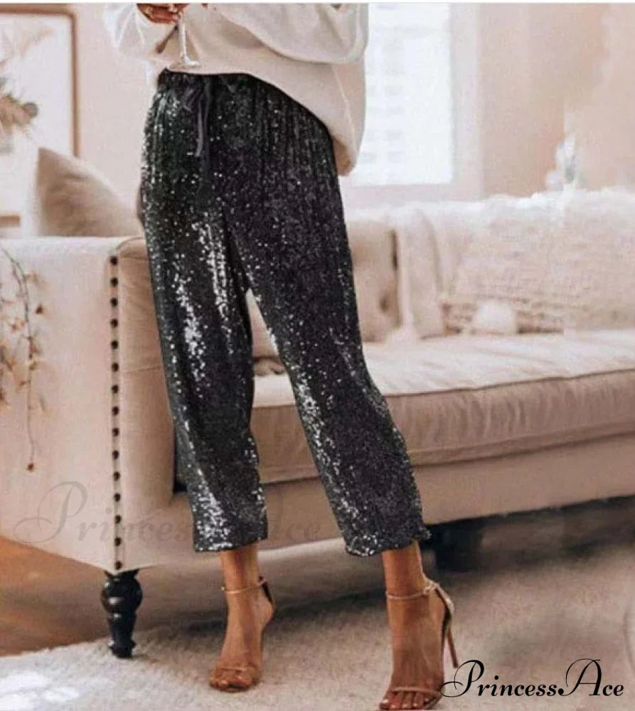 Sequin Shiny Wide Beam Leg Pants image 1