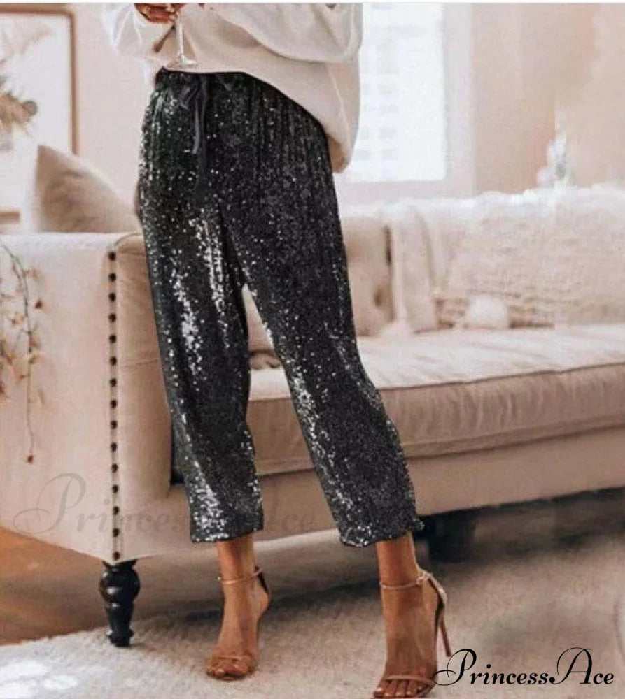 Sequin Shiny Wide Beam Leg Pants image 6