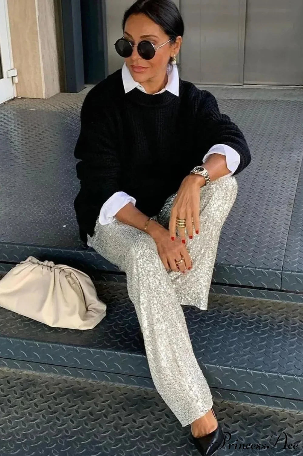 Sequin Slim-Fit Straight Casual Pants image 7