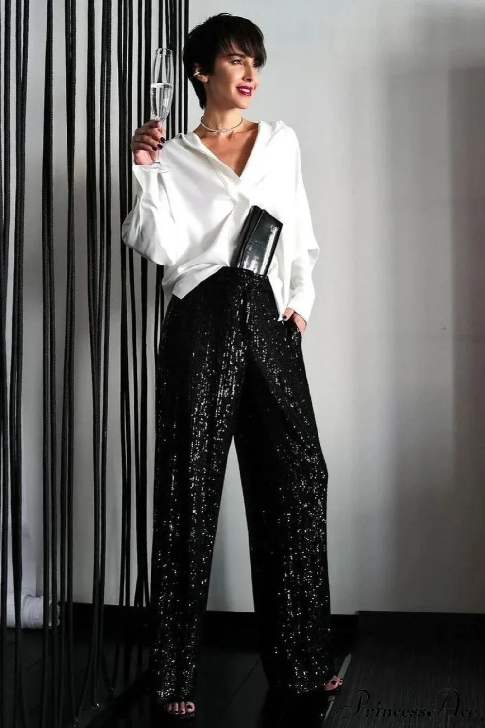 Sequin Slim-Fit Straight Casual Pants image 9