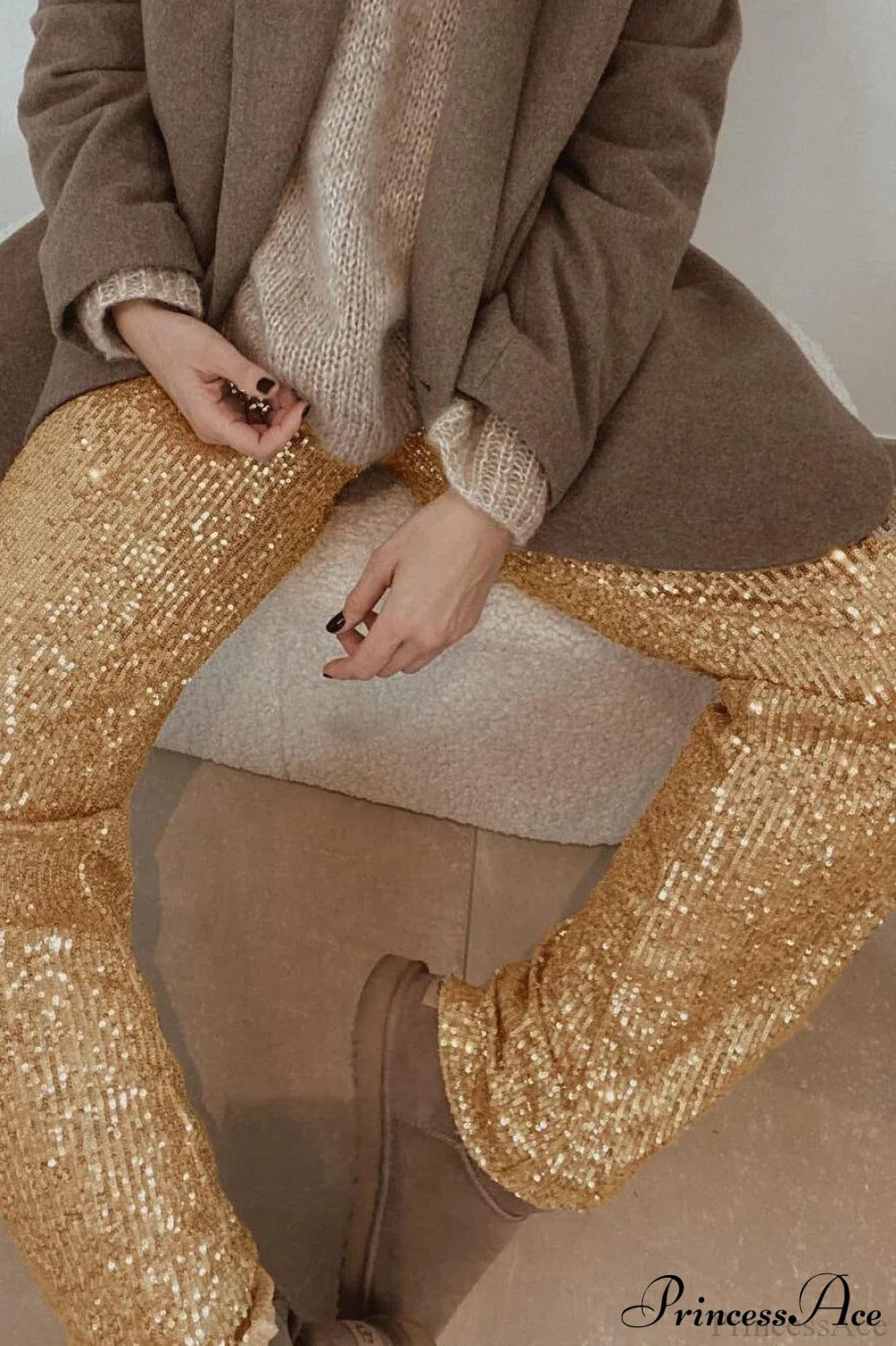 Sequin Slim-Fit Straight Casual Pants image 4