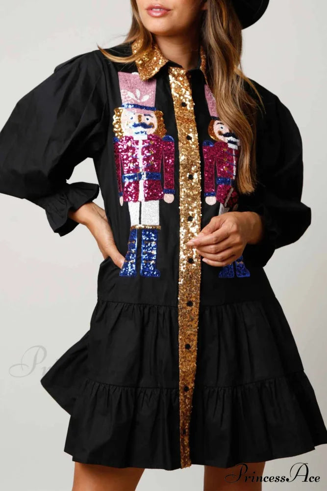 Sequin Tiered Mini Dress with Lapel Button Up image 3