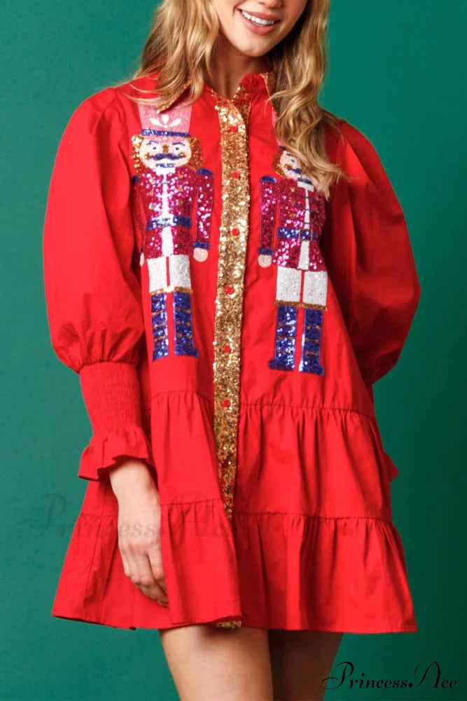 Sequin Tiered Mini Dress with Lapel Button Up image 1