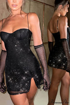 Sequined Black Stylish Slit Mini Dress image 2