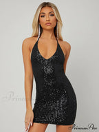 Sequins Backless Sleeveless Cowl Neck Halter Draped Mini Dress image 9
