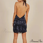 Sequins Backless Sleeveless Cowl Neck Halter Draped Mini Dress image 4