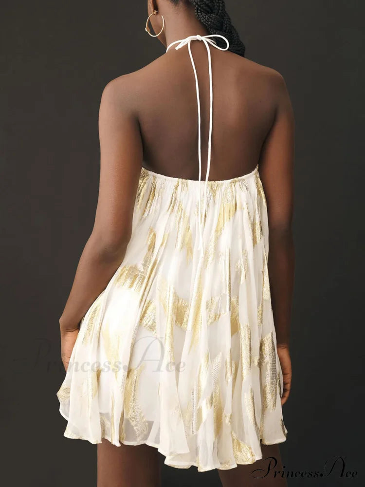 Sequins Hanging Neck Halter Graceful Print Swing Mini Dress image 3