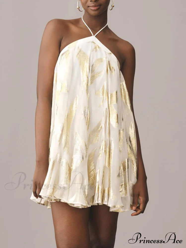 Sequins Hanging Neck Halter Graceful Print Swing Mini Dress image 2