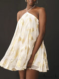 Sequins Hanging Neck Halter Graceful Print Swing Mini Dress image 1
