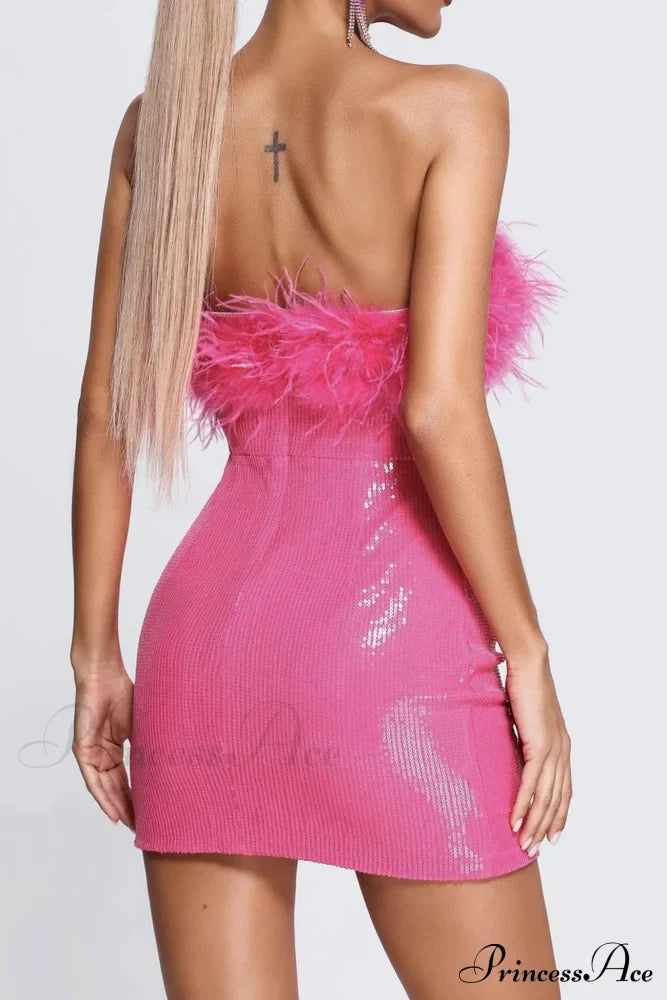Sequins Pack Hip Dress with Fuzzy Strapless Design image 4