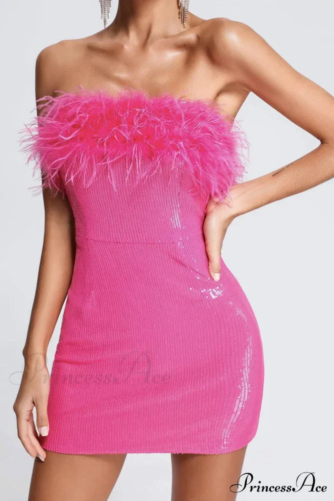 Sequins Pack Hip Dress with Fuzzy Strapless Design image 3